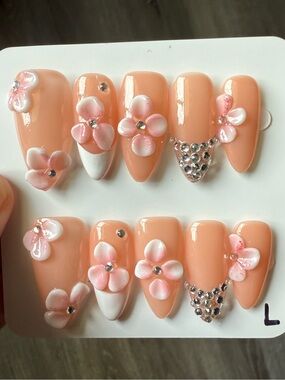 Peach 3D Floral Rhinestone Press-On Nails